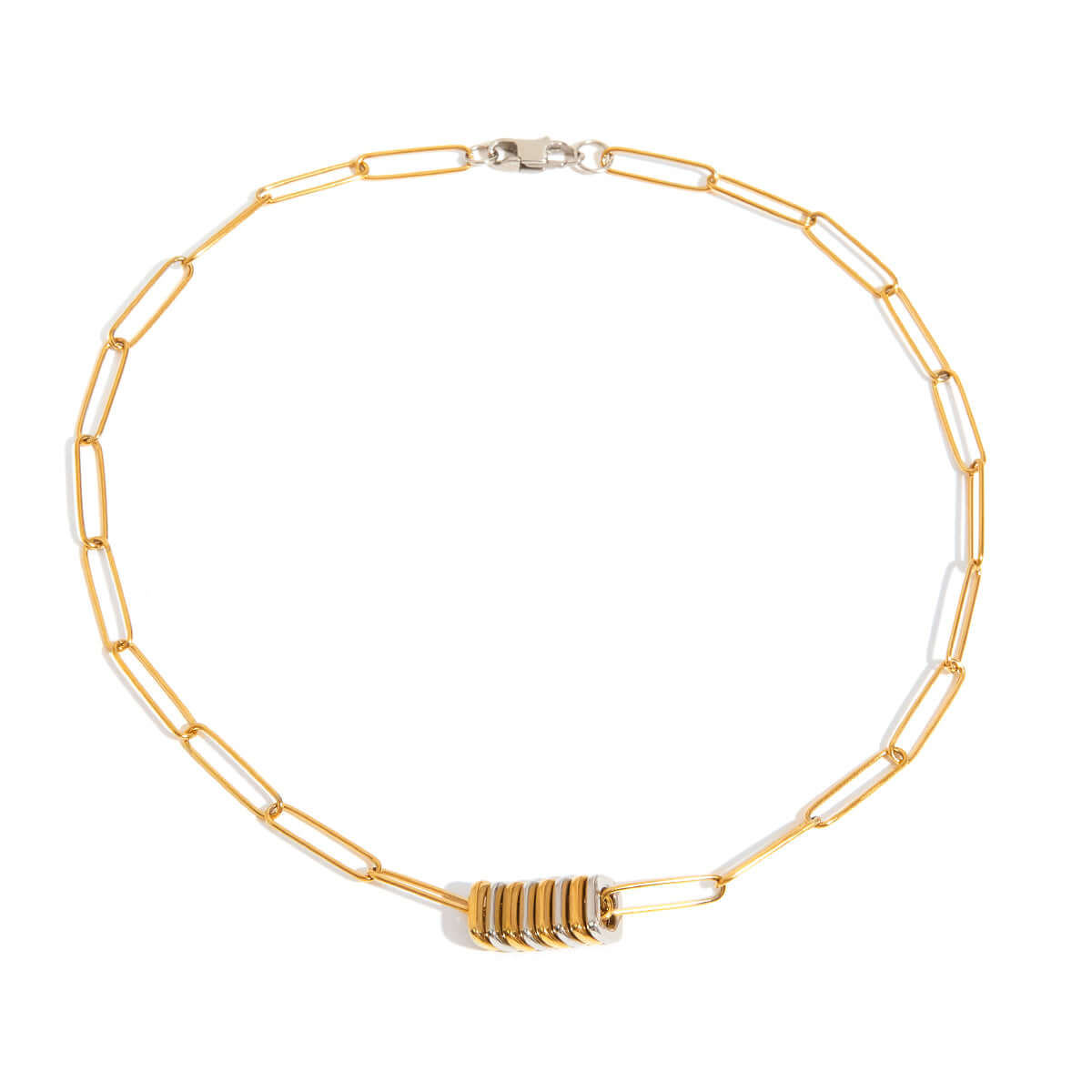 Златисто колие "Хармония" с 18K позлата и геометричен дизайн, елегантен аксесоар за съвременен стил.