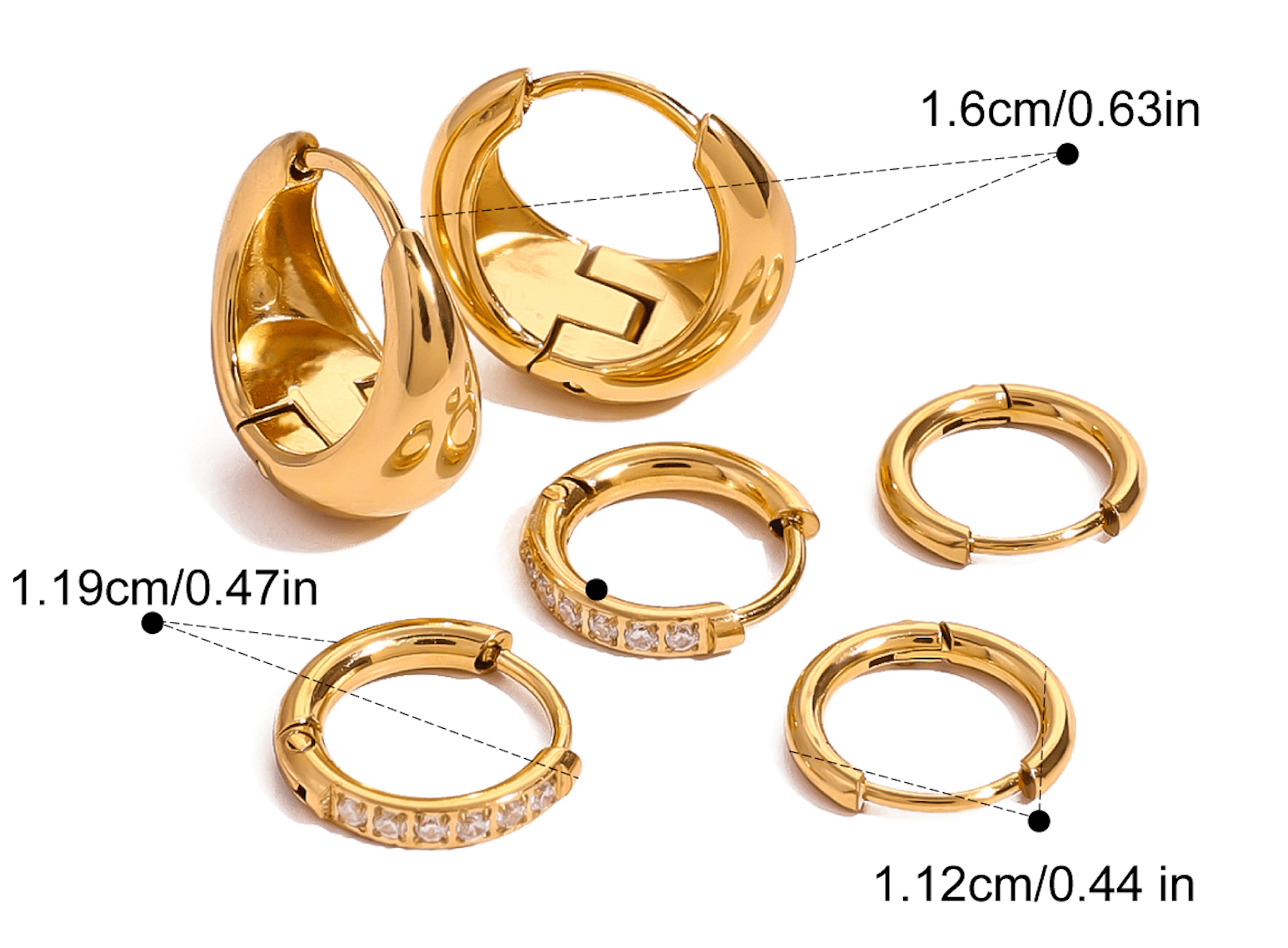 Комплект златни обеци с различни размери и 18К златно покритие, 6 бр. за стилни аксесоари.