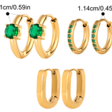 Сет обеци Everyday с 18К златно покритие, различни размери и зелен камък, идеални за всекидневно носене.