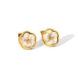 Обеци цвете със седеф и 18К позлата, златисти и бели, диаметър 1.43 см, колекция Бохо.