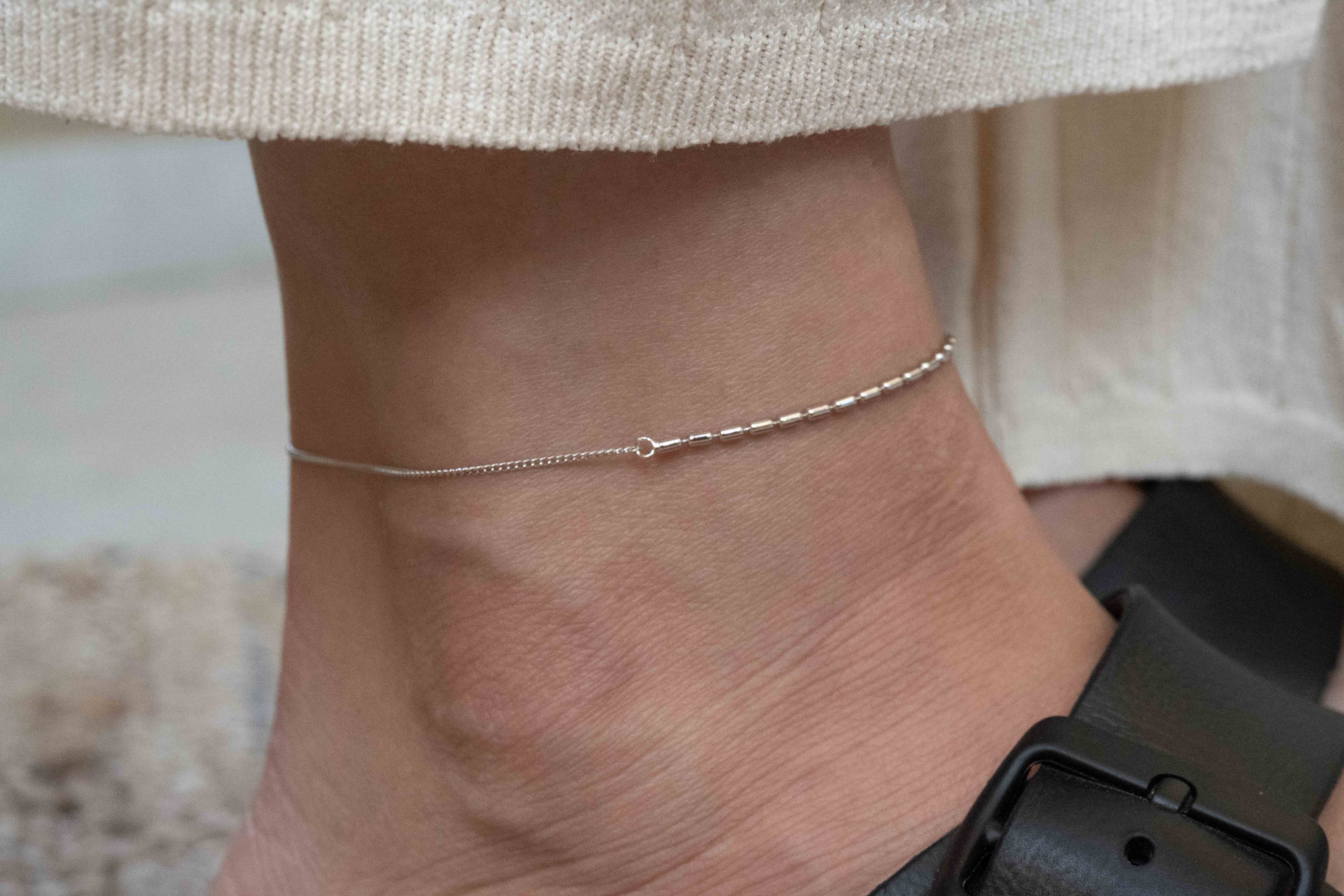 Сребърна Гривна за Глезен Хибрид S925, нежна гривна с родиево покритие на крака