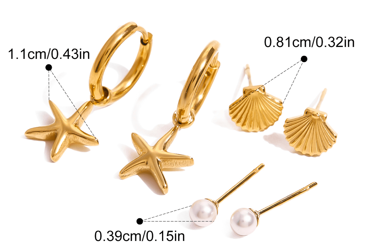 Морски обеци с морска звезда и перли, покритие от 18К злато, разнообразие от дизайни и размери.