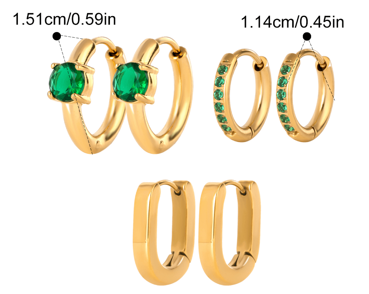 Сет обеци Everyday с 18К златно покритие, различни размери и зелен камък, идеални за всекидневно носене.