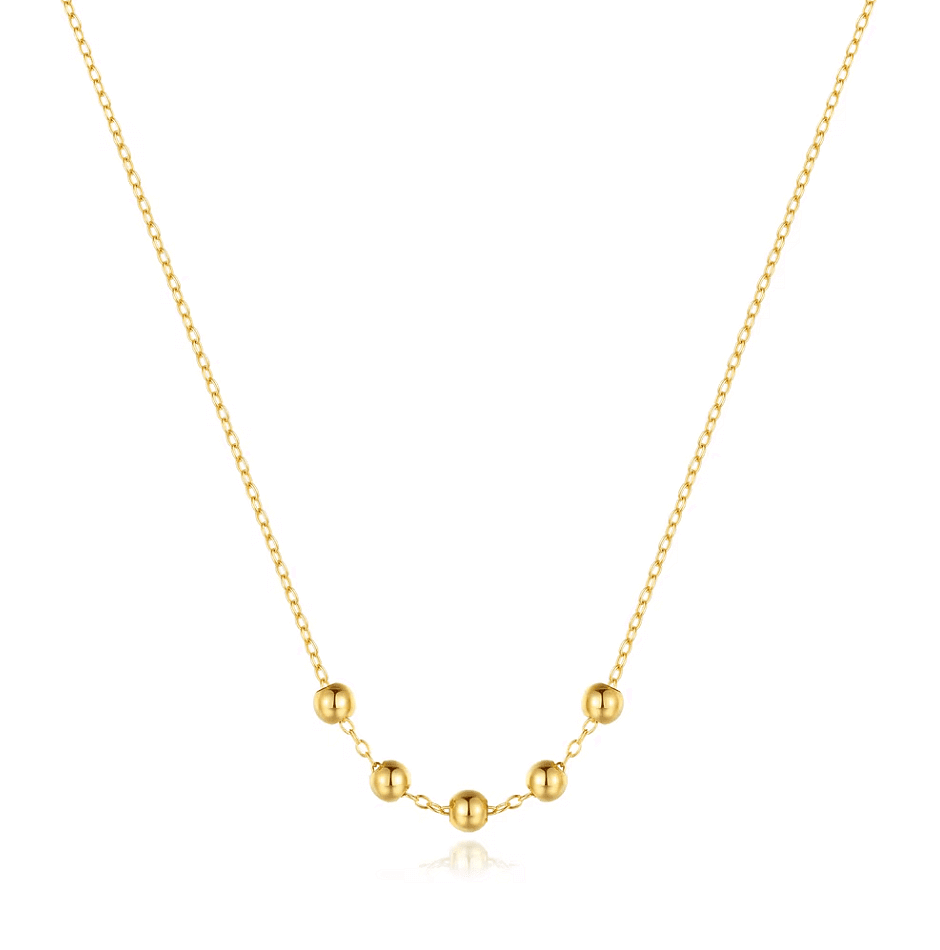 Сребърно колие "Golden Sphere" с 18K златно покритие и 5 топчета, стилно и елегантно за всеки ден.